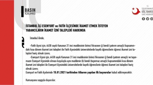 İstanbul'un 2 ilçesinde ikamet iznine sınırlama